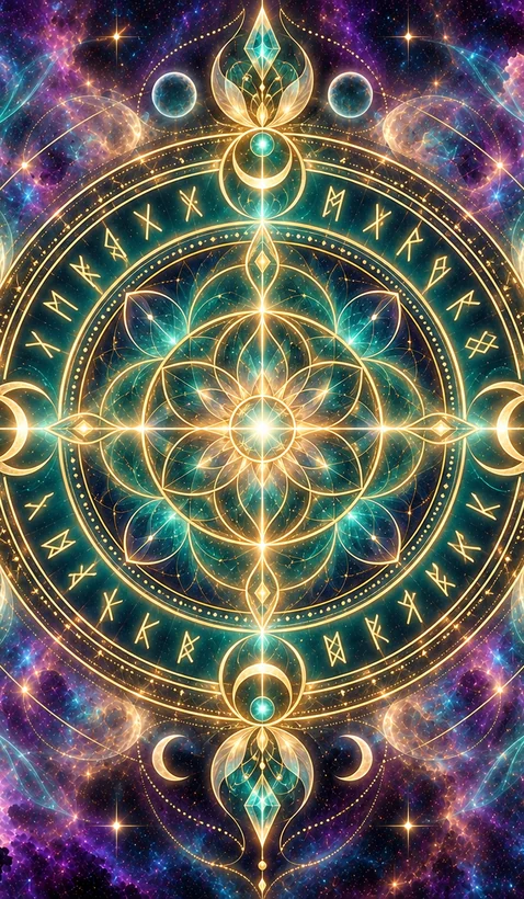 Dos de carte de l'oracle : un mandala de runes lumineuses