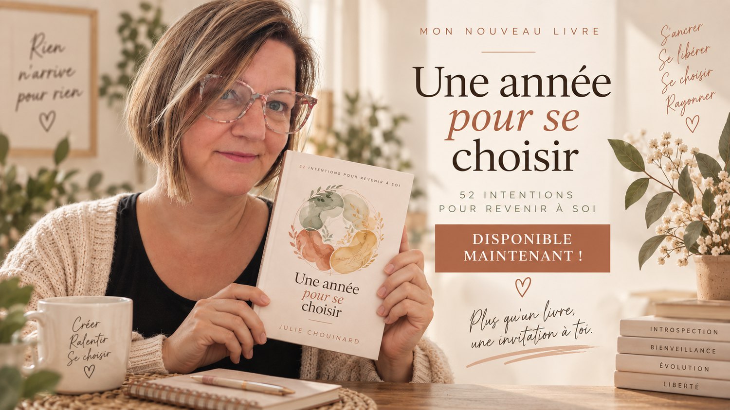 Julie Chouinard présente son nouveau livre Une année pour se choisir, 52 intentions pour revenir à soi, disponible maintenant sur Amazon