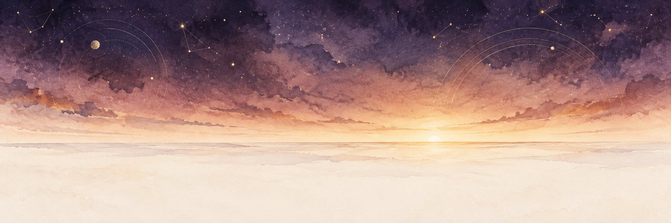 Aquarelle d'un ciel étoilé virant à l'aube, avec constellations et orbites
